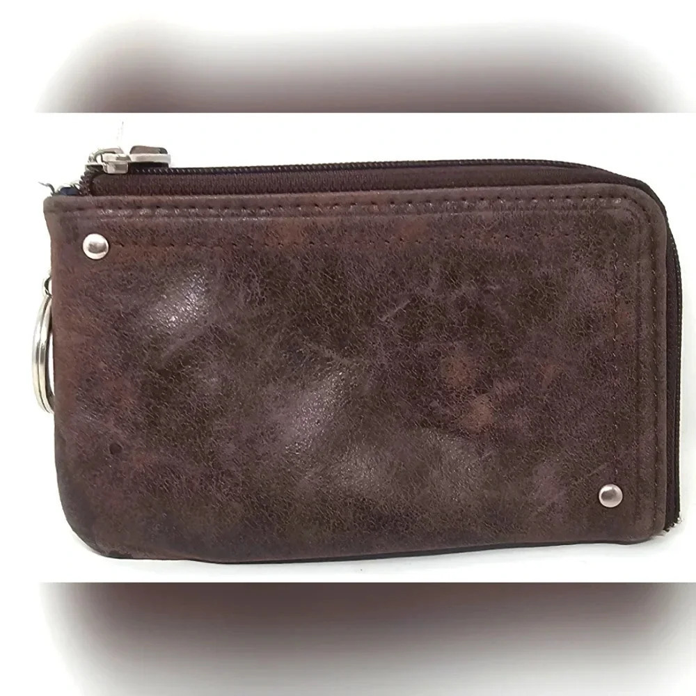 Fossil Small Brown Leather ID Card Coin Holder Logo Key Ring Multi-Pocket Wallet
